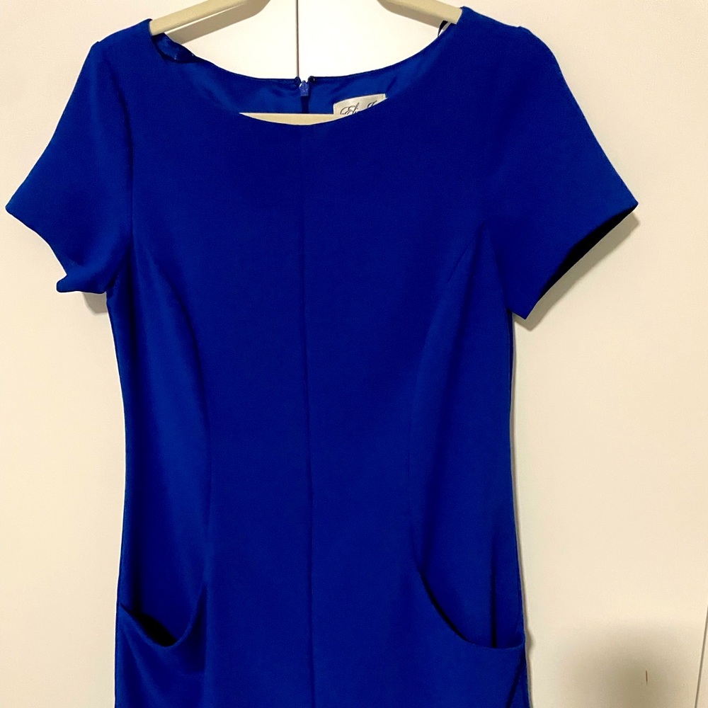 Size 8. Cobalt blue mini dress with front pockets.